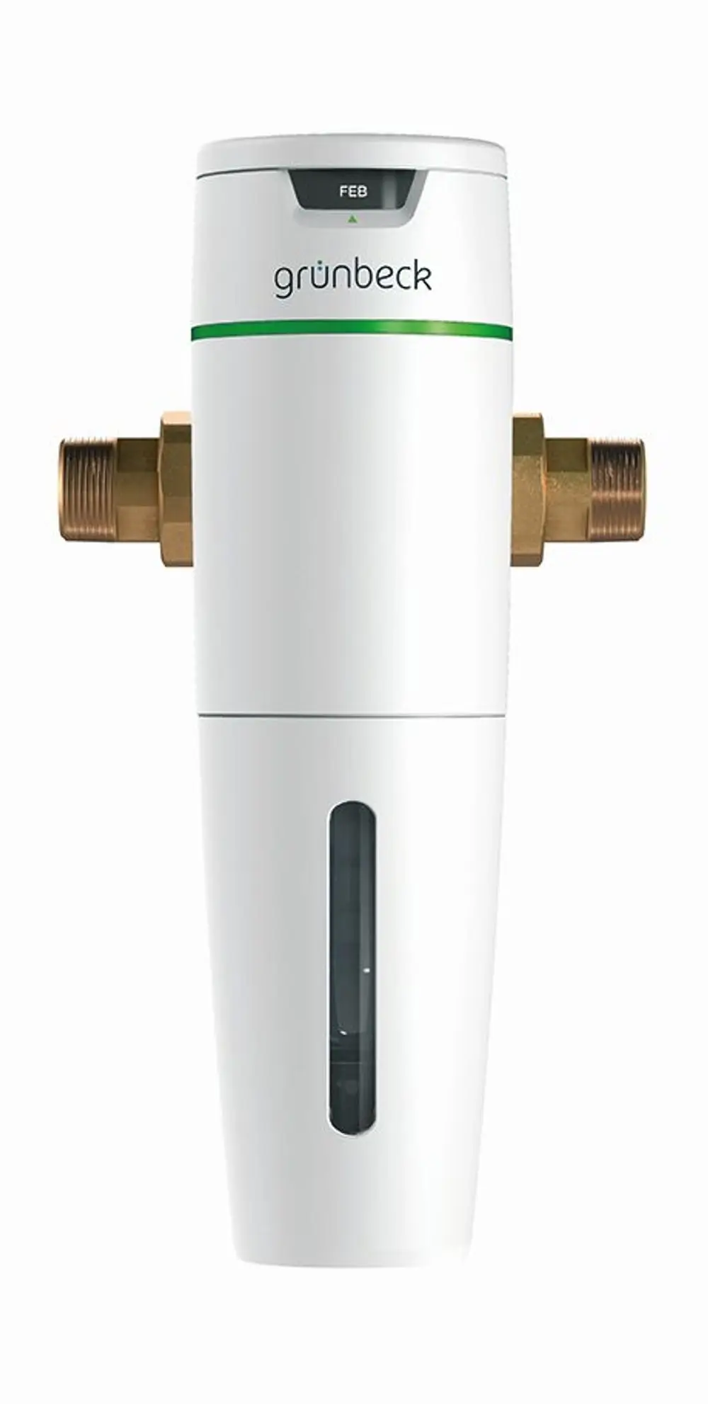 Weißer Wasserfilter von Grünbeck mit zwei Anschlüssen aus Messing und transparentem Sichtfenster zur Überprüfung des Filters.